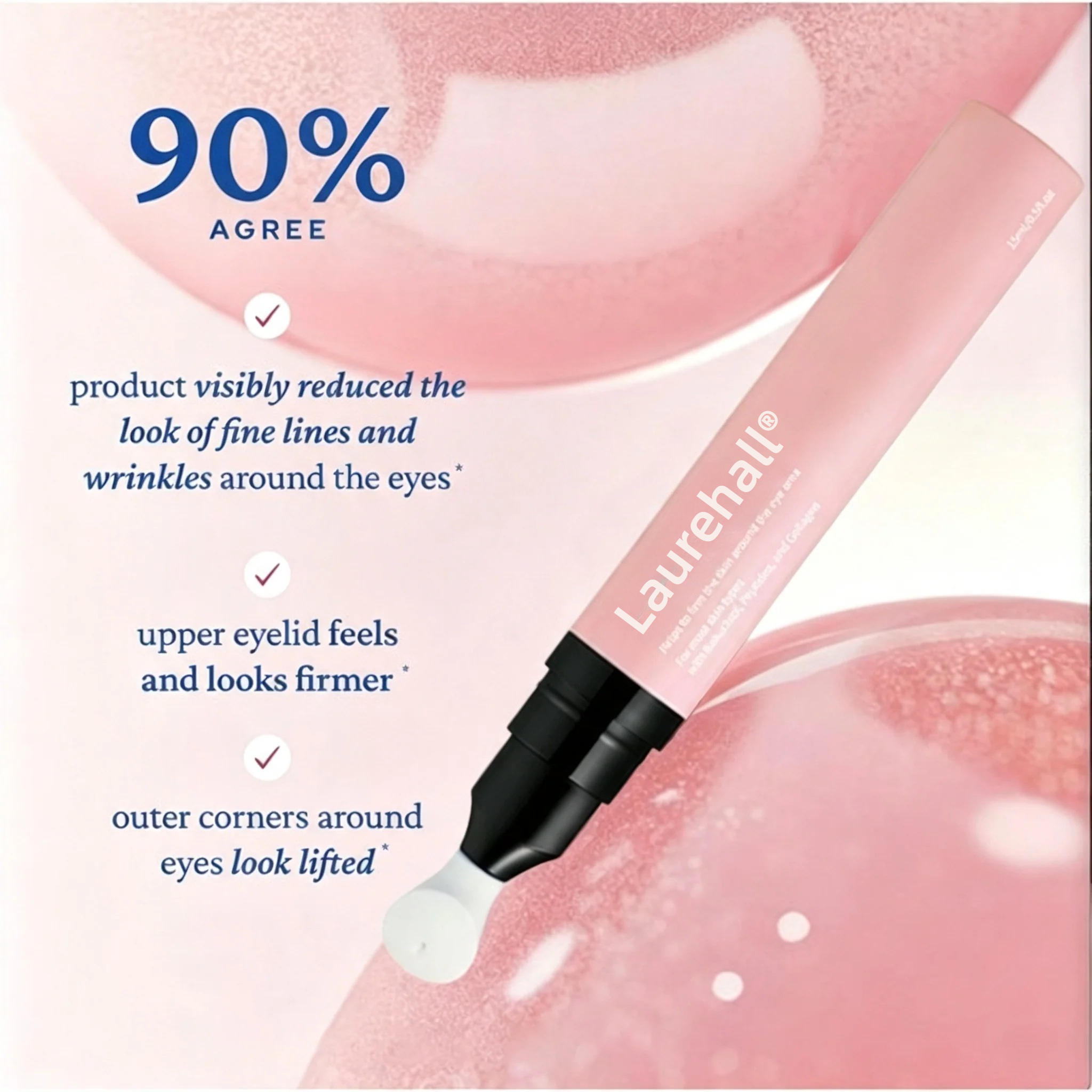 Laurehall pink eye gel 90% agree user test, reduce fine lines, firm eyelid, lift outer eye corners