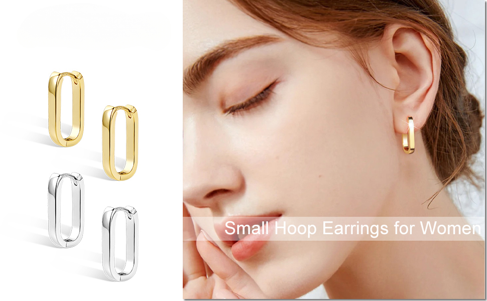 925 Sterling Silver Earrings Small Hoop Earrings for Women Silver Minimalist Rectangle Earrings