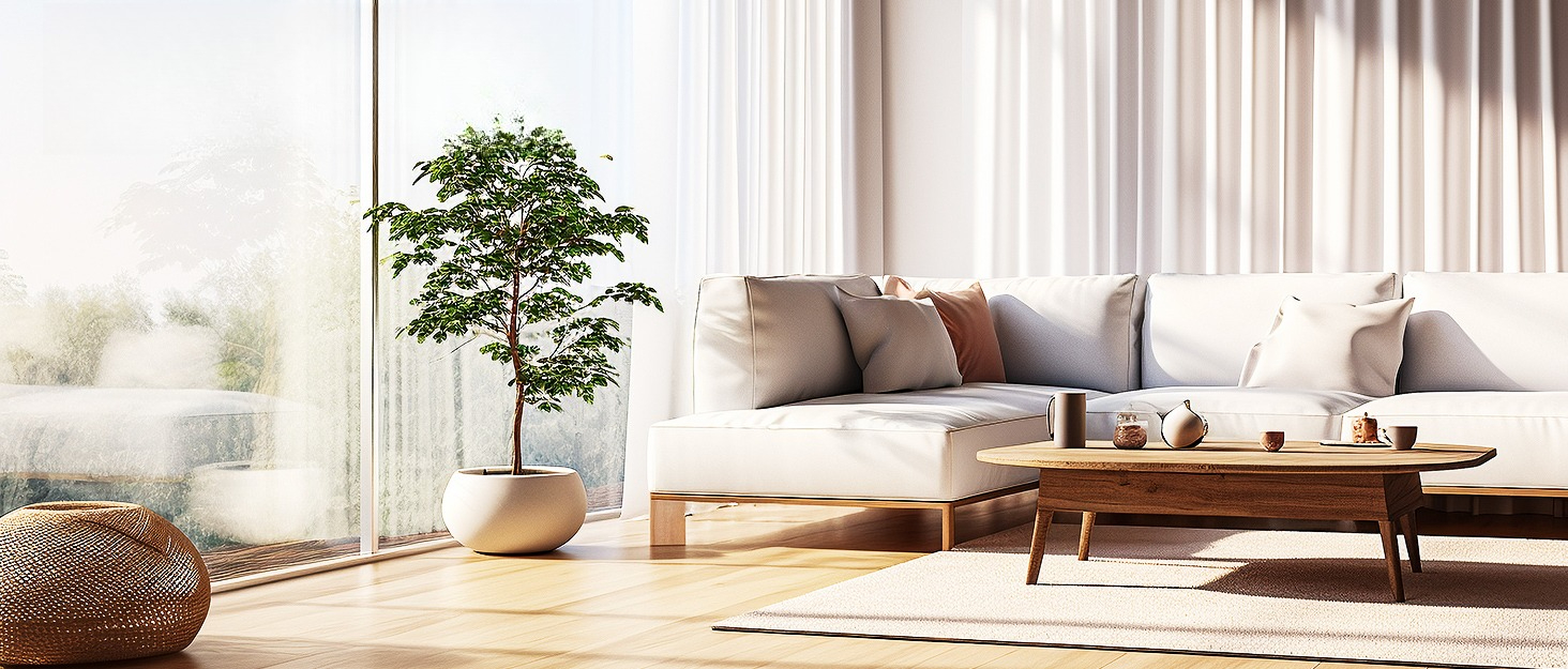 Modern living room with white sofa, wooden coffee table, potted plant, and large windows. Text 'Solaround' visible in the upper left corner.