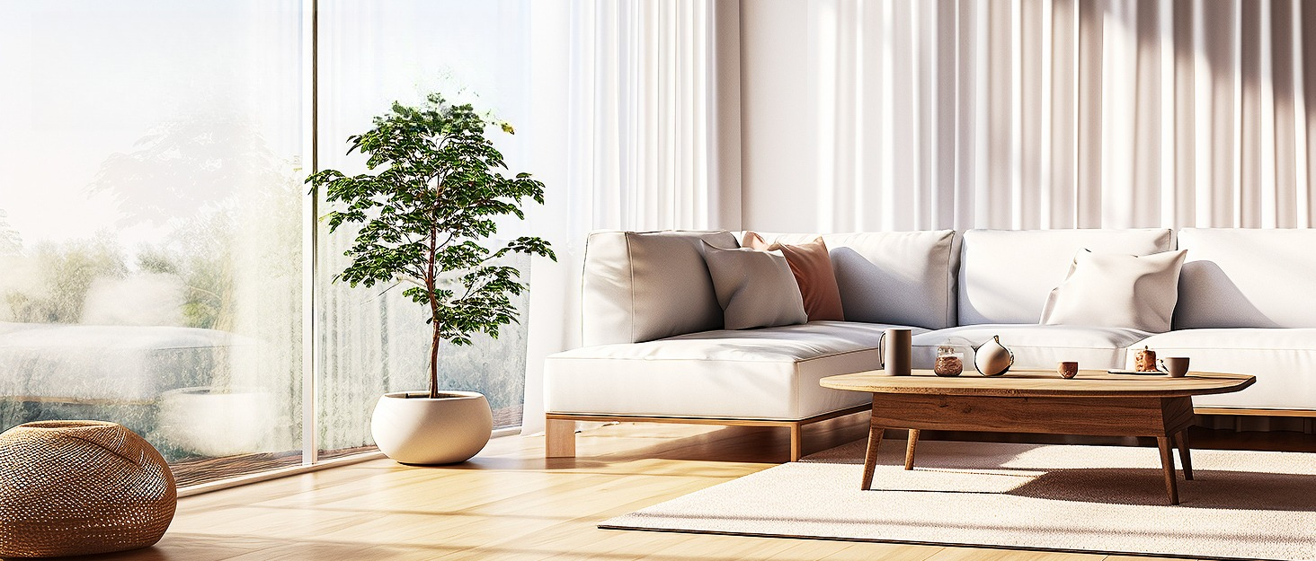 Modern living room with white sofa, wooden coffee table, potted plant, and large windows. Text 'Solaround' visible in the upper left corner.
