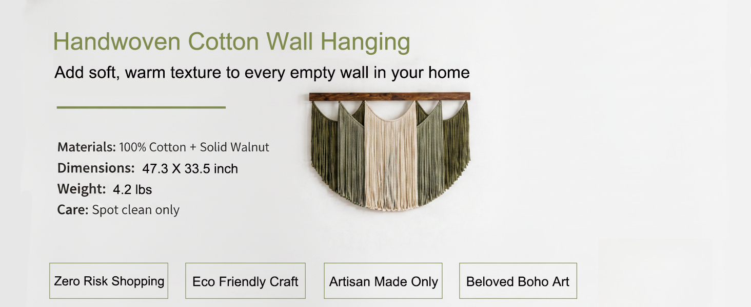 Boho Macrame Wall Hanging, Large Green & Cream Layered Tassel Wall Decor with Natural Wooden Dowel,
