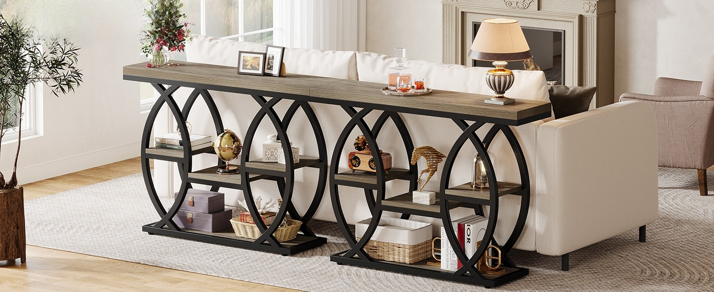 This 4-tier console table features a symmetrical geometric metal base for durability.