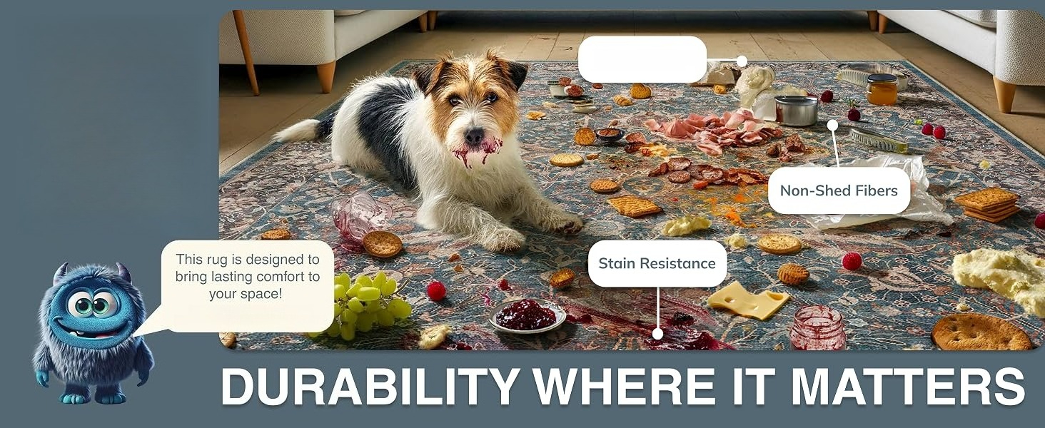 A dog made a pet mess on the Asha Liana Rug, bubbles point out the rug's durable features