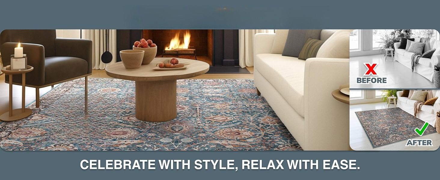 Asha Liana Rug in a cozy living room with a fireplace