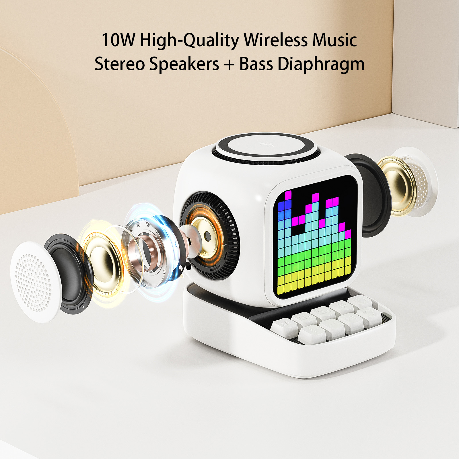 Wireless Magnetic Robot Charger Smart Bluetooth Speaker Retro Pixel Art Game Bluetooth Speaker With 16X16 LED_voghion.com