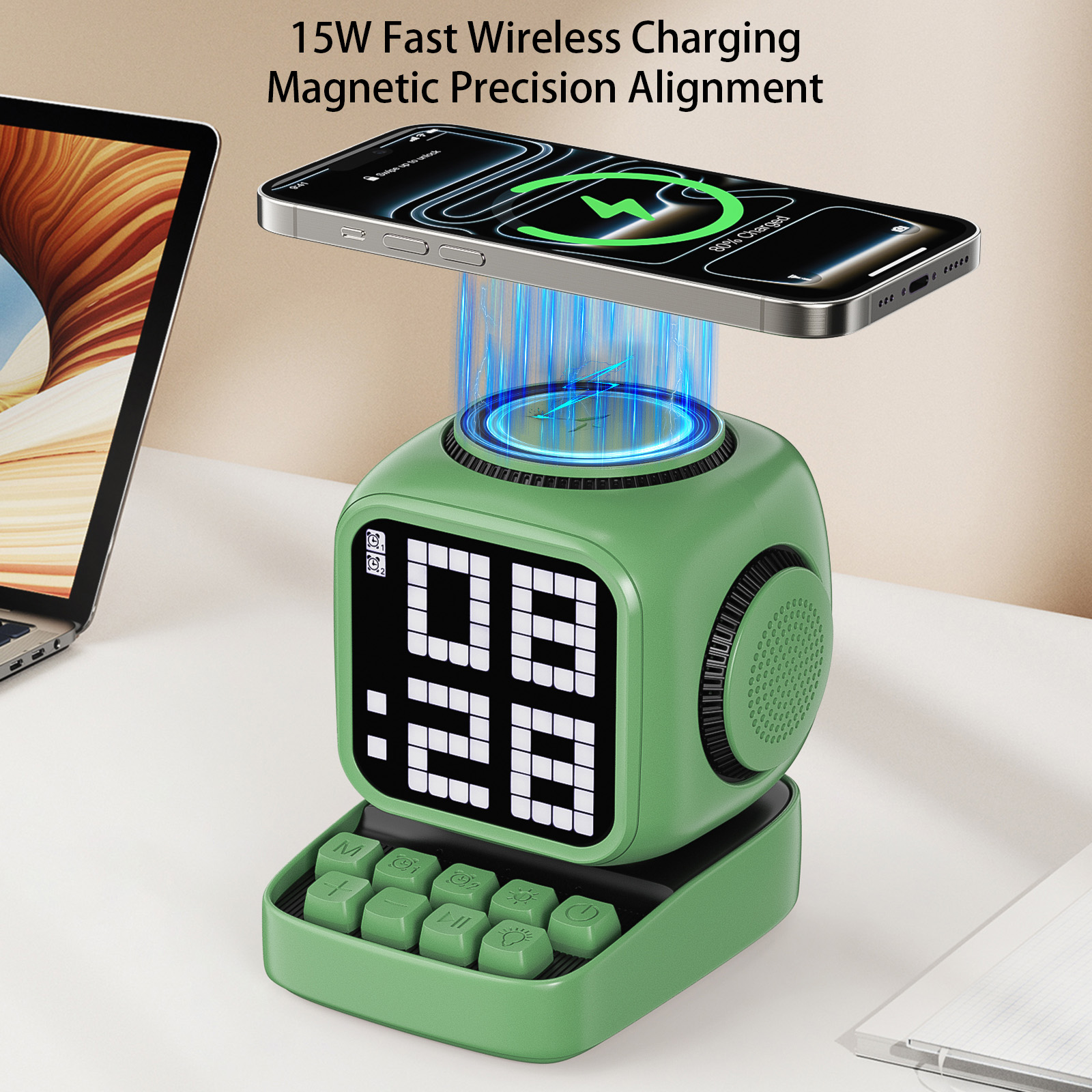 Wireless Magnetic Robot Charger Smart Bluetooth Speaker Retro Pixel Art Game Bluetooth Speaker With 16X16 LED_voghion.com
