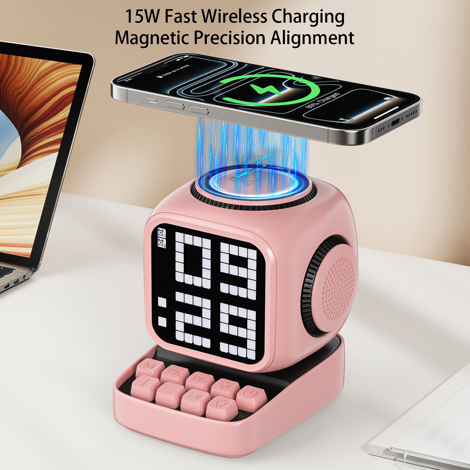 Wireless Magnetic Robot Charger Smart Bluetooth Speaker Retro Pixel Art Game Bluetooth Speaker With 16X16 LED_voghion.com