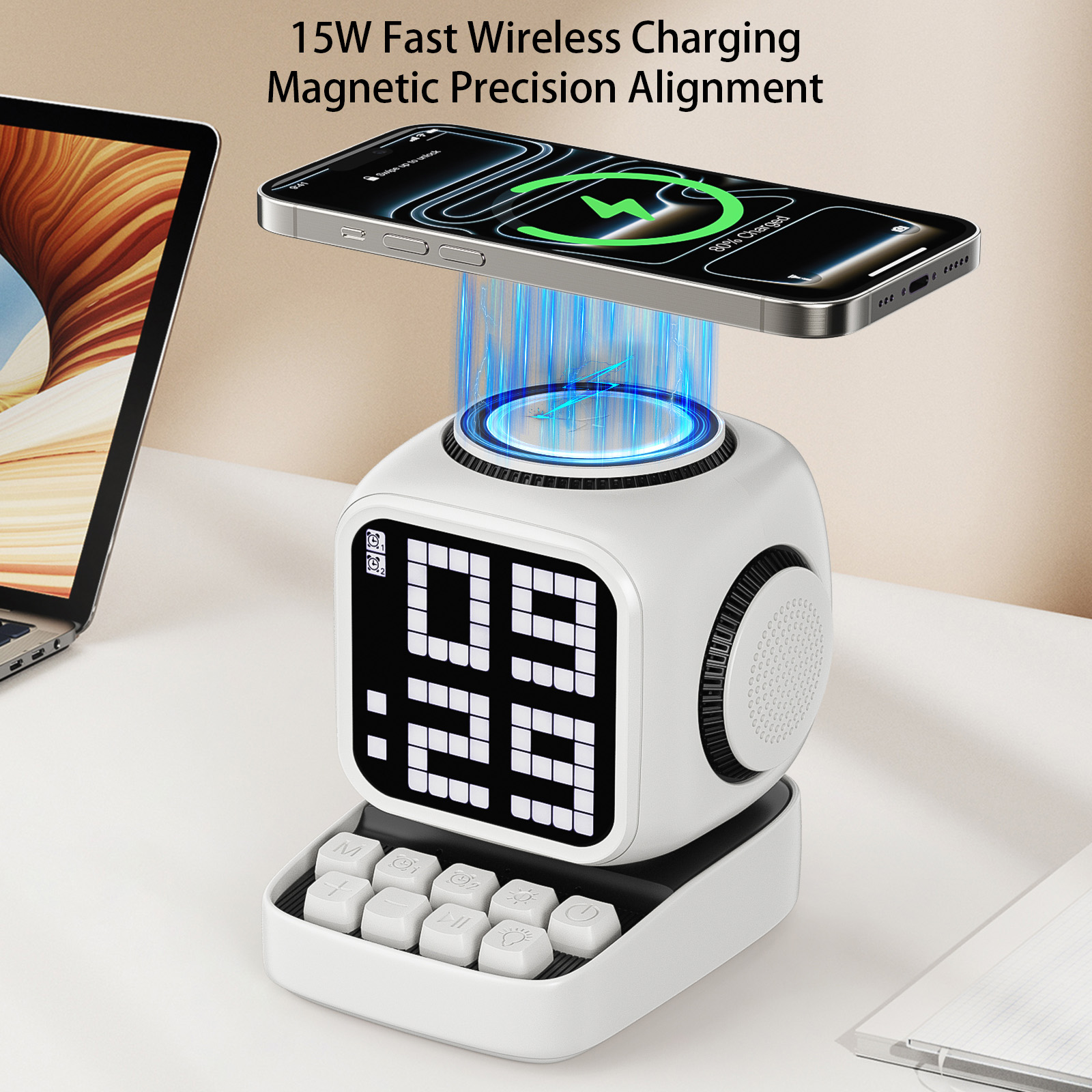 Wireless Magnetic Robot Charger Smart Bluetooth Speaker Retro Pixel Art Game Bluetooth Speaker With 16X16 LED_voghion.com