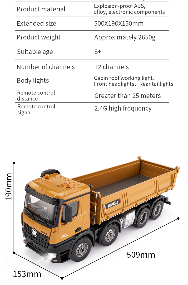 HUINA1536 1/14 RC Dump Truck 12CH RTR Tipper Toy RTR Light Sound