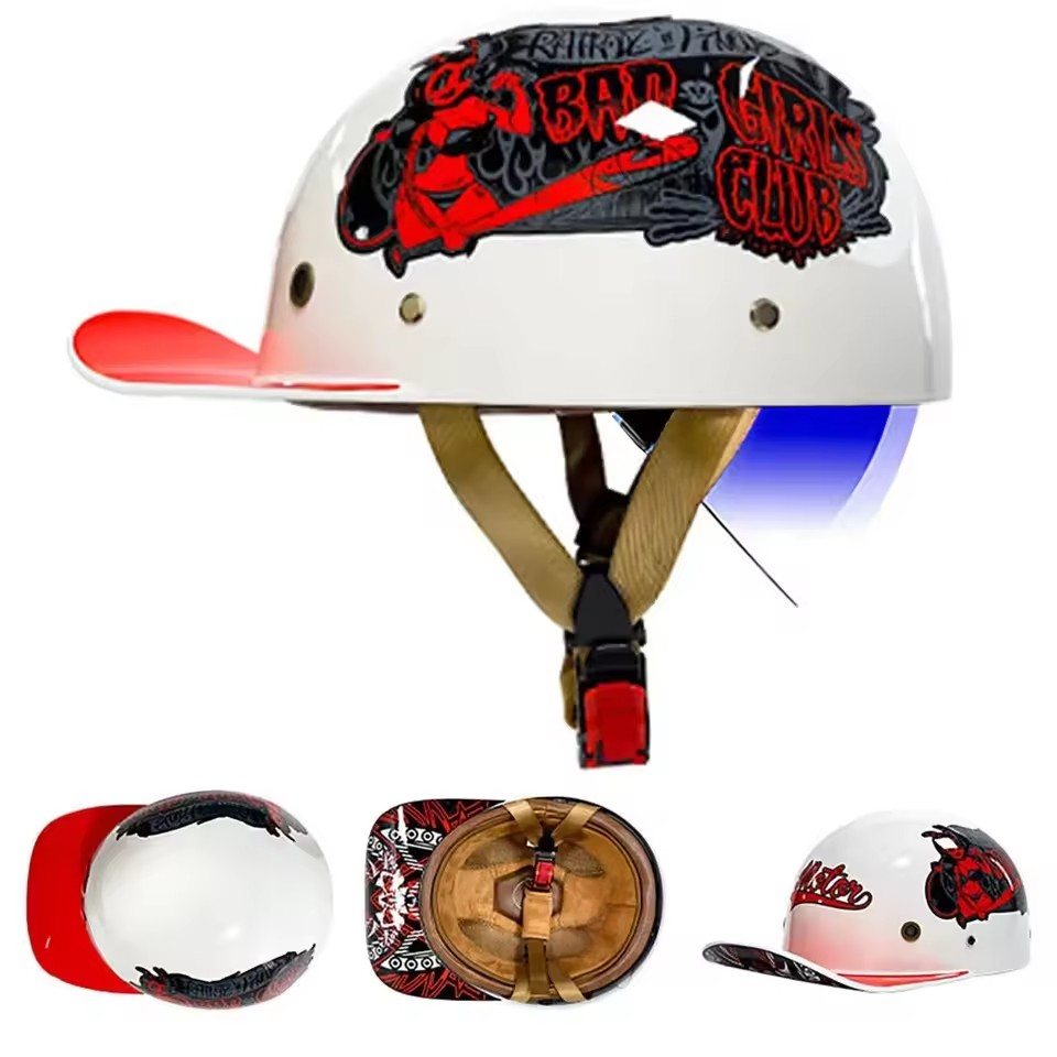 Adult Men Women Motorcycle Half Helmet Vintage Baseball Cap Retro Motorbike Open Face PU Leather Helmet For Cruiser Chopper Moped Scooter